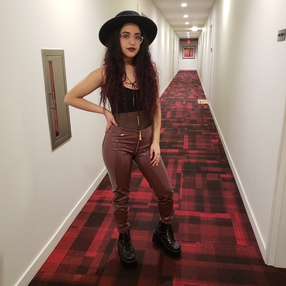 Dollskill burgundy pvc leather tights with zipper